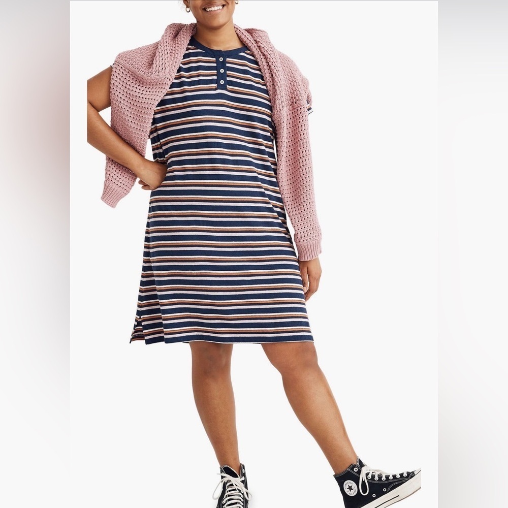 Madewell Striped Henley Tshirt Mini Dress, Bengali Indigo, Size XL